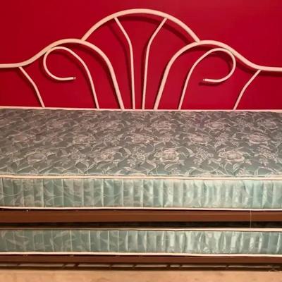 White Metal Daybed with Gold Accents & Trundle, Includes Two Twin Mattresses