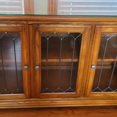 Oak TV Stand or Side Buffet With Leaded Glass Doors