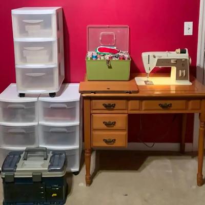 Vintage Singer Sewing Machine in Wood Cabinet w/ Rolling Storage & Sewing Boxes