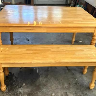 Blonde Solid Wood Dining Table with Built-In Leaf & Matching Bench
