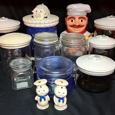 Cookie Jars, Glass & Plastic Canisters, and Ceramic Salt & Pepper Shakers