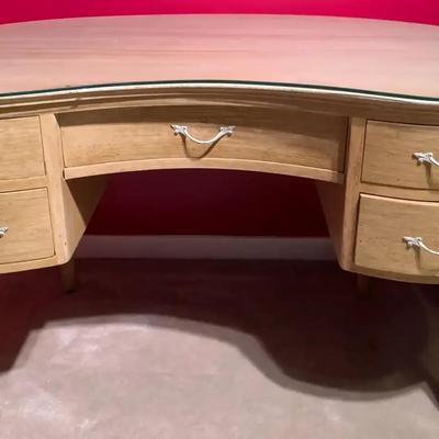Kidney-Shaped Wood Vanity Table with Glass Top & Five Drawers