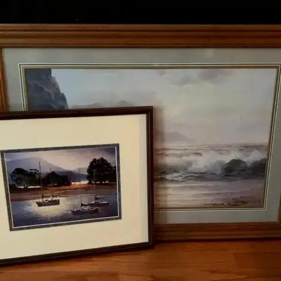 Framed Ocean Wave Print & Framed Sailboat Evening Scene