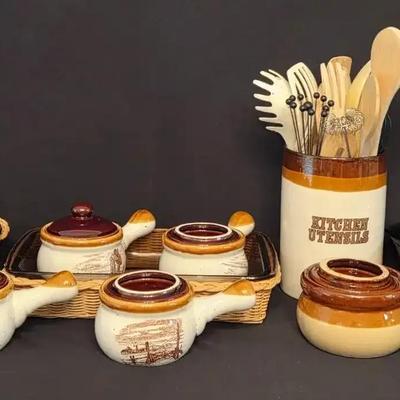 Pyrex Brown-Tint Baking Dishes with Soup Crocks & Utensil Holder