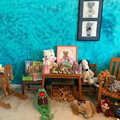 Children’s Wooden Furniture Set with Rocking Horse, Books, Plush Toys & Decor