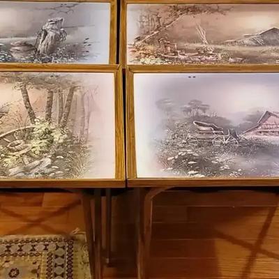 1960s Andres Orpinas TV Tray Set, featuring Four Signed Rustic Scene Trays