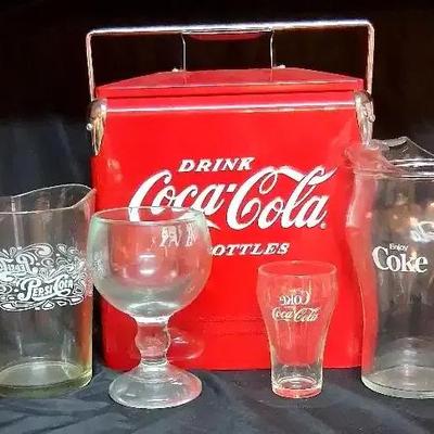 Coca-Cola Metal Cooler with Coke & Pepsi Glassware Collection