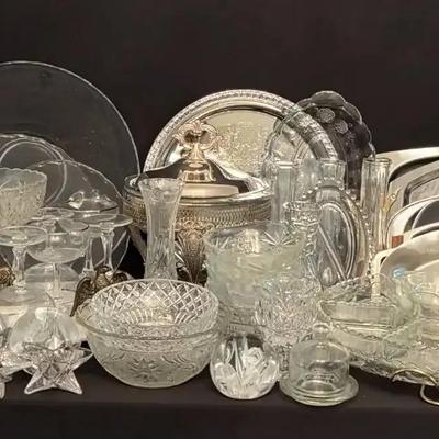 Elegant Collection of Cut Glass, Crystal, and Stainless Serving Pieces