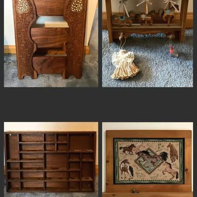 Framed Horse Needlework, 3 Horse Carousel, Carved Wood, and Printer's Drawer Hanging Wood Shelves