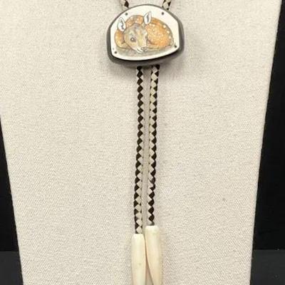 Bolo Tie, Fawn Etched On Bone