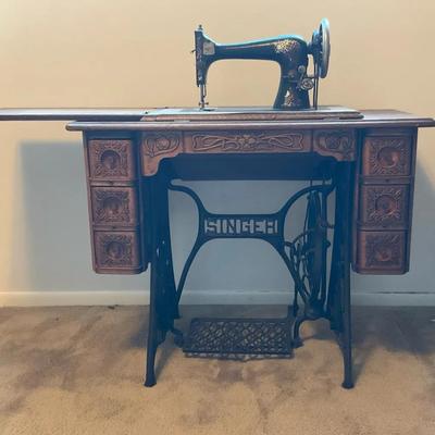 Antique Singer Sewing Machine In Cabinet