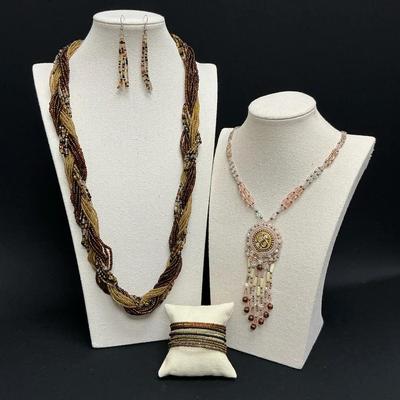 Neutral Toned Beaded Necklaces And Earrings 