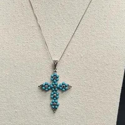 Sterling Silver Turquoise Cross Pendant Necklace