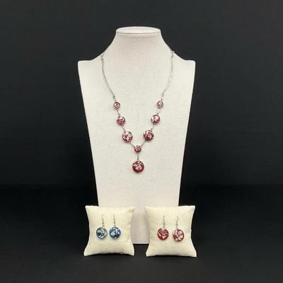 Red And Blue Resin Bezel Earrings & Necklace