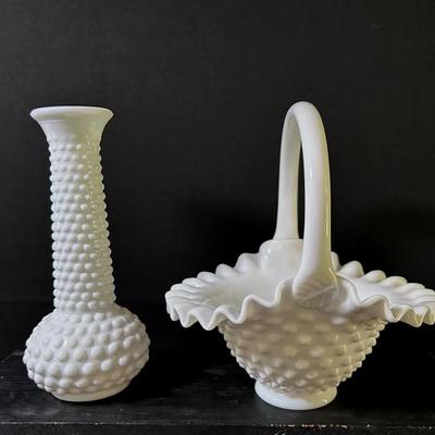 Fenton Hobnail Milkglass Basket + Bud Vase