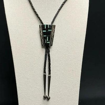 Sterling Silver Black And Opal Inlayed Bollo Tie