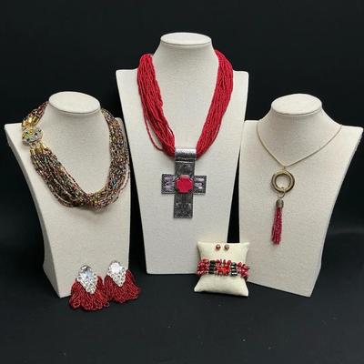 Red Beaded Necklaces And Earrings 
