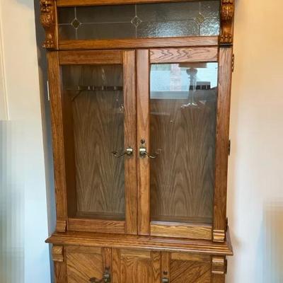 Oak And Stain Glass Gun Cabinet
