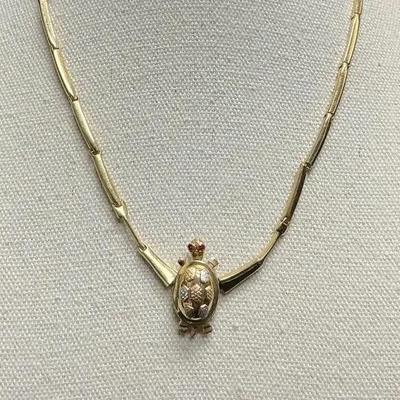 14K Gold Turtle Necklace With Red Eyes