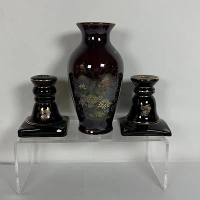 24 K Gold Candlesticks & Porcelain Vase