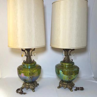 Green Carnival Glass Large Lamp Pair