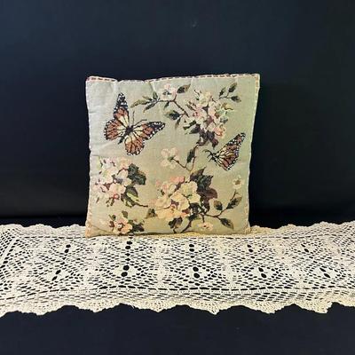 Tapestry Throw Pillow & Crocheted Runner