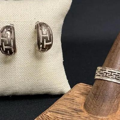 Sterling Silver Greek Key Style Earrings And Ring 