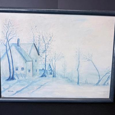 Framed Oil Painting Of House And Barn In Winter