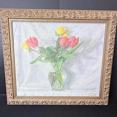 Framed Oil Painting Flowers In A Vase Artist Signed 