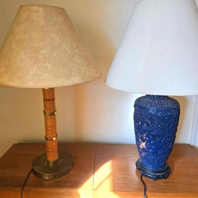 2 Vintage Lamps: Carved Asian Styled, 70s Rattan & Brass