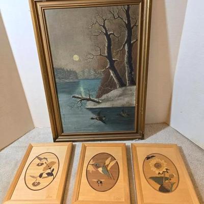 Antique Painting on Board & 3 Hudson River Inlay Art