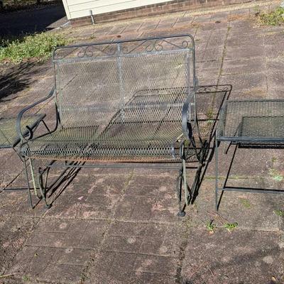 Wrought Iron Glider Bench & 2 Side Tables