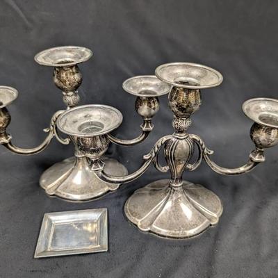 Pair Of Sterling Candelabra & Tiffany Sterling Pin Tray