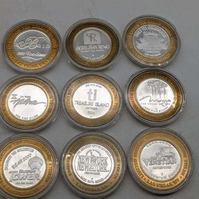 Nine .999 Silver Las Vegas Gaming Tokens