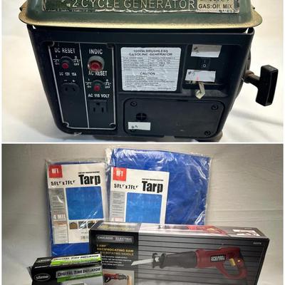 2 Cycle Generator, Tarps, Reciprocating Saw & Digital Tire Inflator