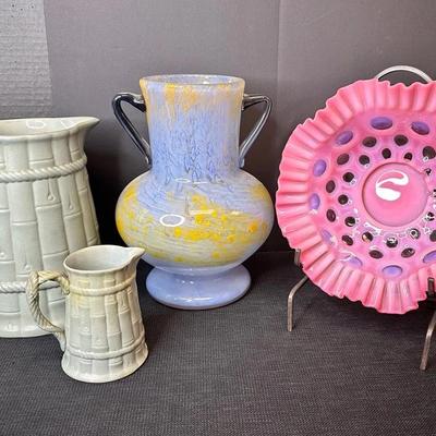 Ridgways Earthenware Pitchers, Hand Blown Signed Vase & Fenton Cranberry Opalescent  Coin Dot Bowl
