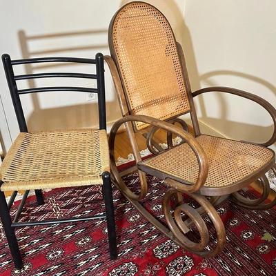 Thornet-style Bentwood & Cane Rocking Chair & Leggera Style Rope Seated Chair