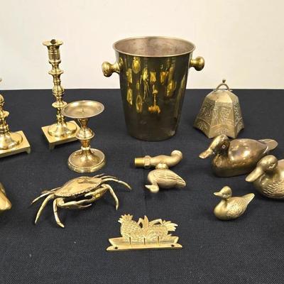 Brass Decor Lot: Crab, Ducks, Ice Bucket, Faucet