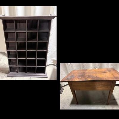 Antique Pine English Side Table And Cubby Mail Sorter Unit 