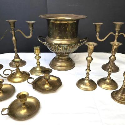 Group Of Brass Candle Holders & Handled Urn