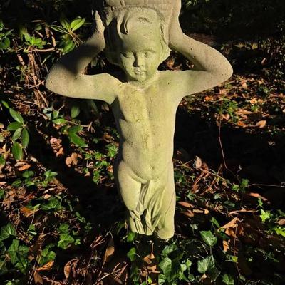 Vintage concrete boy with basket planter statue