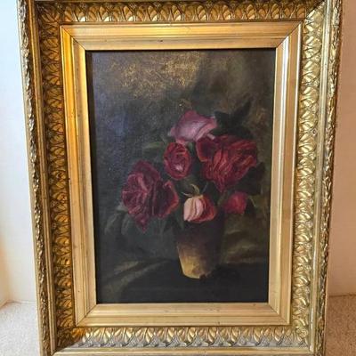 Antique Still Life Oil Painting Gold Tone Frame. 