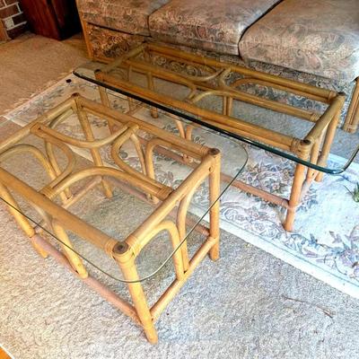 Glass Top Rattan Coffee Table & End Table