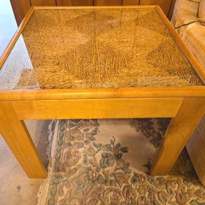 2 Vintage Rattan, Wood & Glass End Tables 