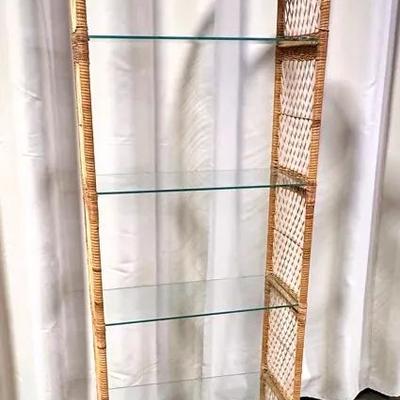 Vintage Arched Rattan Etagere Glass Shelved Bookshelf