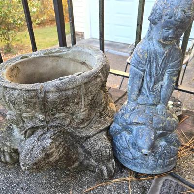 Concrete Turtle Garden Planter & Boy On Turtle Statuary 