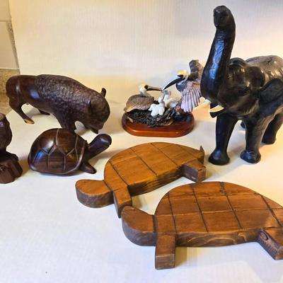 Animal Figurines Carved Wood Buffalo, Turtles, Elephant 