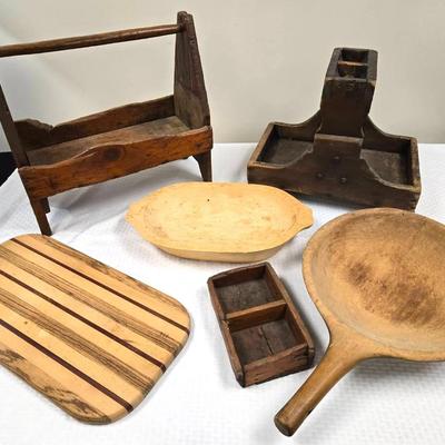 Rustic Primitive Wood Caddies, Dough Bowls, Cutting Board