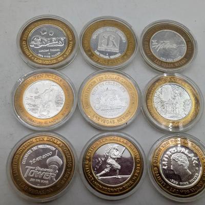 Nine .999 Silver Las Vegas Gaming Tokens