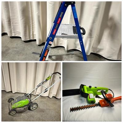 Green works Elec Mower, Electric Hedge trimmer, Electric Chainsaw & Little Giant Ladder